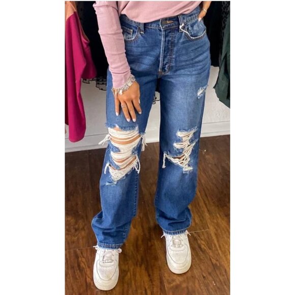 NWT Cello Dad Jeans Super High Rise Sz 3 Distressed destroyed ripped baggy blue - Picture 4 of 16